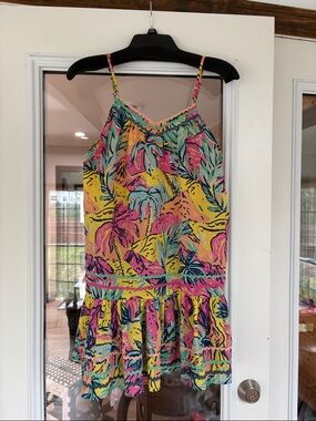 Tropical Print Spaghetti-Strap Swim Coverup in Pink, Yellow & Turquoise